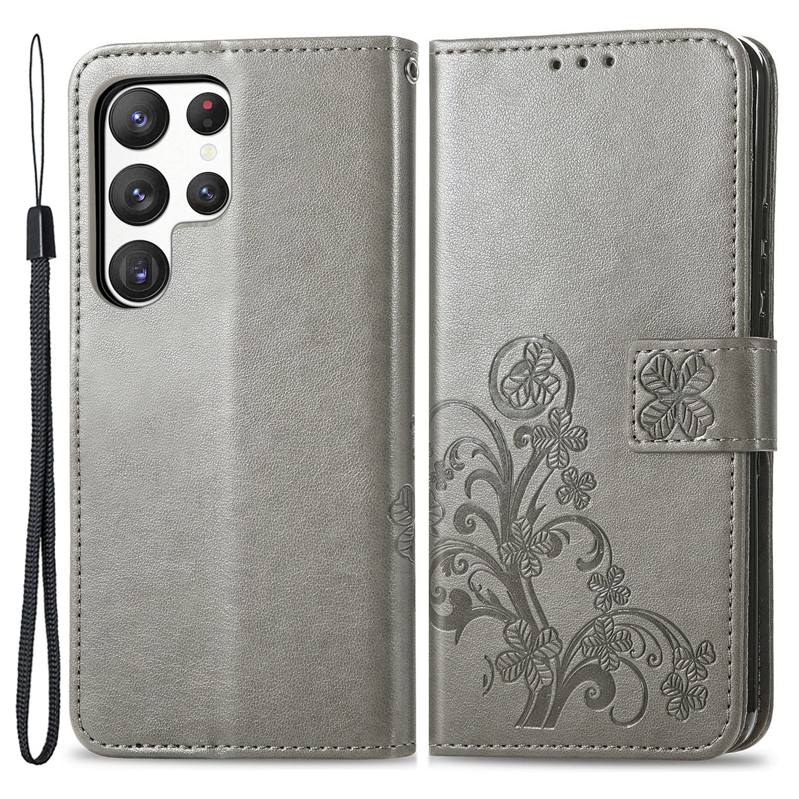 For Samsung Galaxy S23 Ultra Four-leaf Clover Imprinted Phone Case Stand Drop-proof Phone Flip Leather Wallet Cover with Wrist Strap For Samsung Galaxy S23 Ultra Four-leaf Clover Imprinted Phone Case Stand Drop-proof Phone Flip Leather Wallet Cover with Wrist Strap